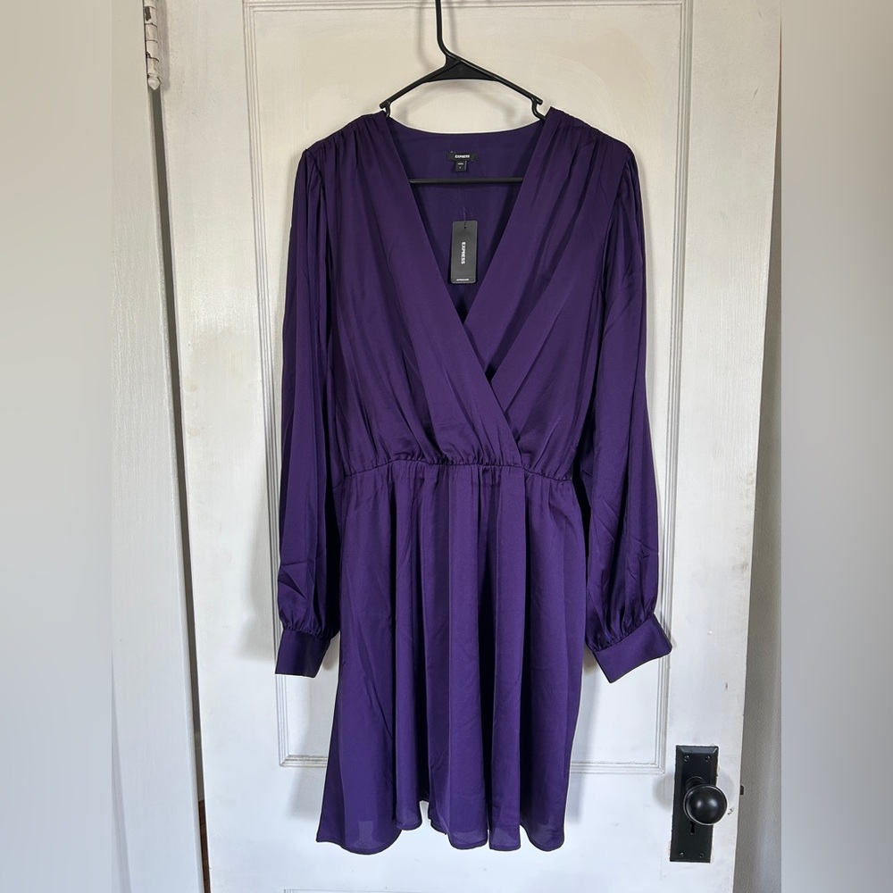 Express Purple Satin Wrap Dress with Bishop Sleeves
